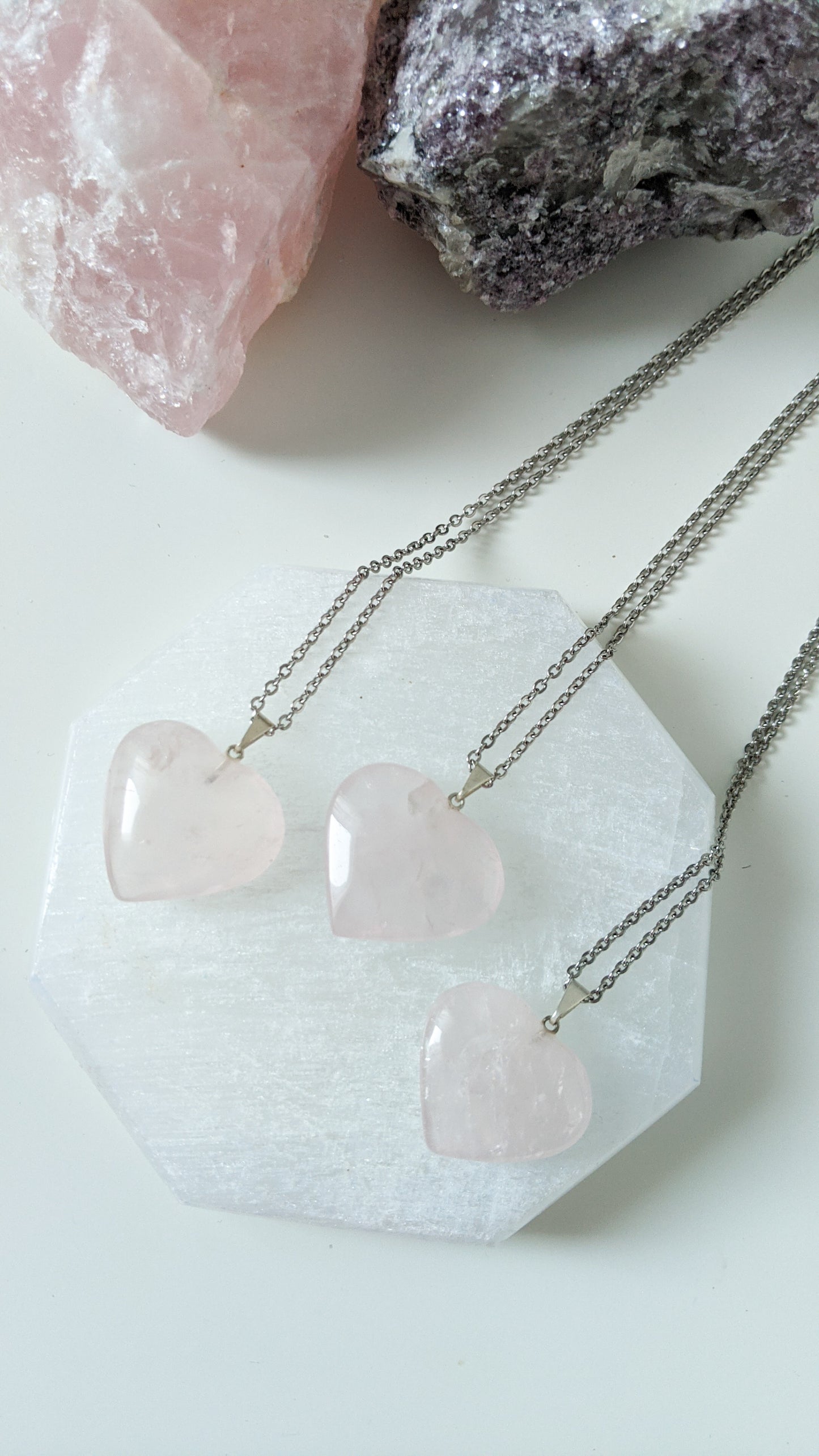 Natural Rose Quartz Heart Necklace, long w. Selenite